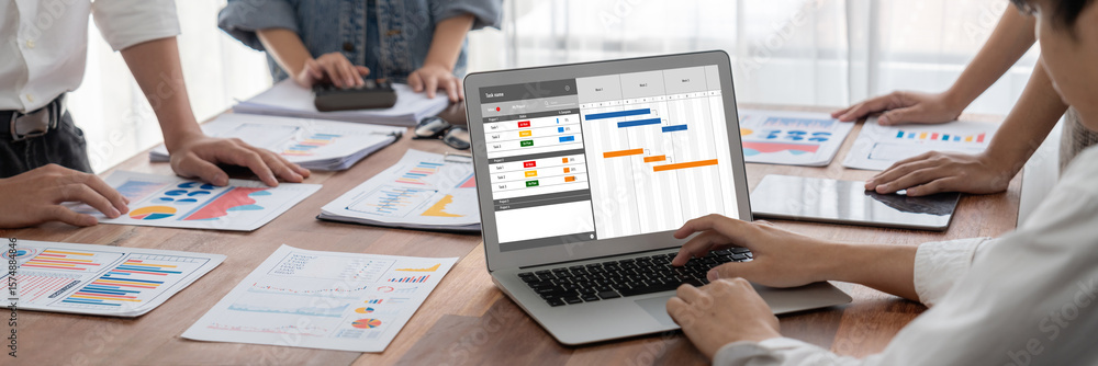 Poster project planning software for brisk business project management on the computer screen showing timel