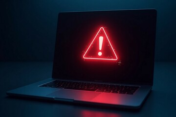 Laptop screen shows a warning sign, symbolizing global tech outages and system hacks.

