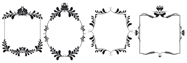 Set of vector black and white frames with ornamental fantasy flowers, leaves, and decorative elements.