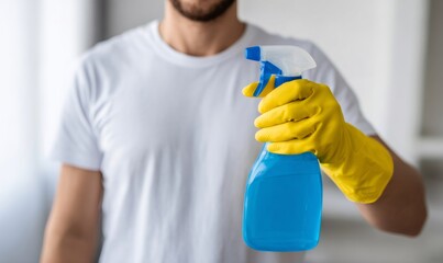 Man wearing yellow gloves holding cleaning spray bottle