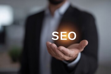 Businessman holding seo acronym in hand, search engine optimization concept