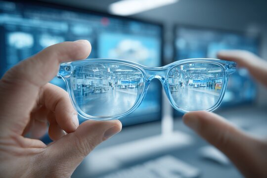 Close-up of blue-framed glasses held up to reveal a reflected factory interior, showcasing modern technology and precision manufacturing with detailed machinery and production lines.
