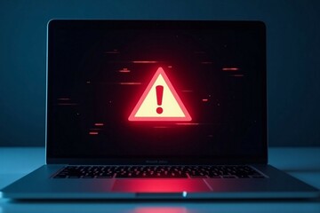 Laptop screen shows a warning sign, symbolizing global tech outages and system hacks.

