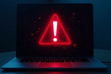 Laptop screen shows a warning sign, symbolizing global tech outages and system hacks.


