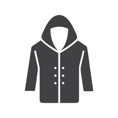 Black and white casual winter jacket raincoat silhouette vector art icon illustration on white background with a gray collar