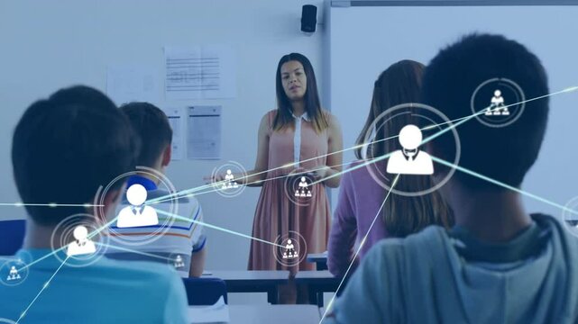 Teacher glancing at tablet speaking while animated profile icons rising, linking education network