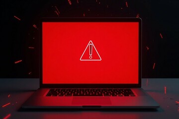 Laptop screen shows a warning sign, symbolizing global tech outages and system hacks.

