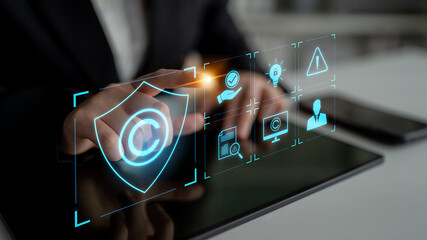 Digital copyright protection system showing secure ownership, intellectual property rights, content...