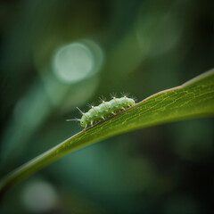 A tiny green caterpillar slowly crawling along the edge of a vibrant leaf. Macro focus reveals minute body segments and fine hairs in sharp detail. 