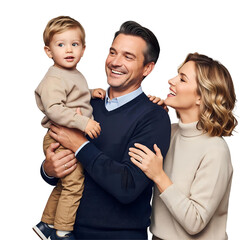 A smiling father holds his young son, while he and the mother share a loving, happy glance