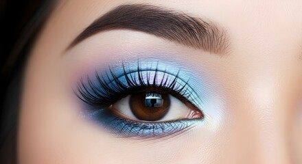 Naklejka premium Close-up of a woman's eye with vibrant blue and purple eyeshadow and dramatic false lashes