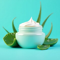 Aloe Vera Cream Jar on Teal Background, Natural Skincare