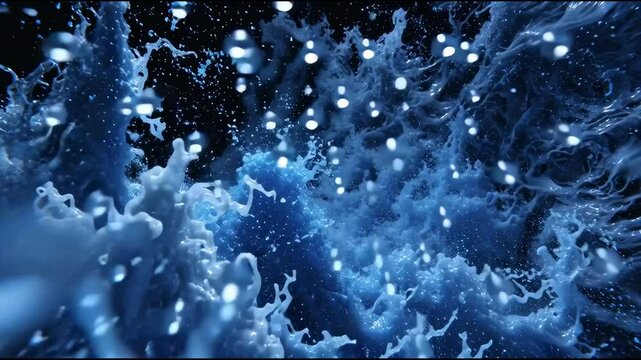 Blue water splashes in the air. Drops and waves move with energy.
