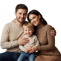 A happy family of three, with loving parents embracing their adorable and smiling son for a warm portrait