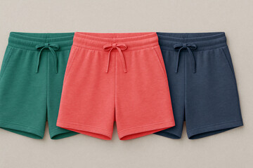 Three coloured shorts isolated on white.