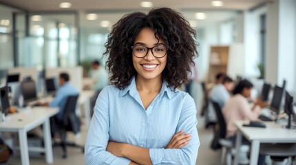 Portrait of a confident municipal office administrator, friendly African American woman with curly dark hair and glasses is smiling directly at the camera, with her arms crossed over her chest.