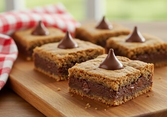Delicious chocolate kiss brownies on a wooden board with red gingham napkin