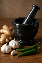 Shiny surface mortar and pestle with spices.