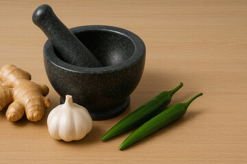 mortar and pestle with spices ginger, garlic & green chili.