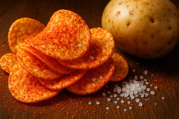 Potato chip with red chilli, salt and potato on the table.