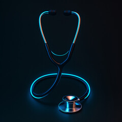 stethoscope with blue neon lighting effect on dark background.
