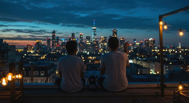 Two young men sitting together on rooftop and enjoying city view at night  