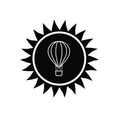Black silhouette sun with hot air balloon icon vector