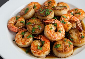 Delicious pan seared scallops and shrimp platter with garnish