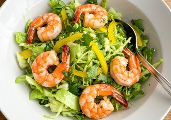 Fresh shrimp salad with crisp lettuce and yellow bell peppers