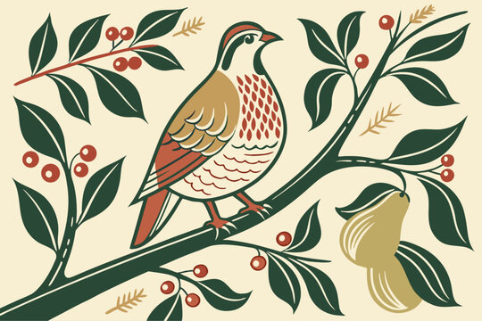 Vintage style partridge in a pear tree holiday illustration