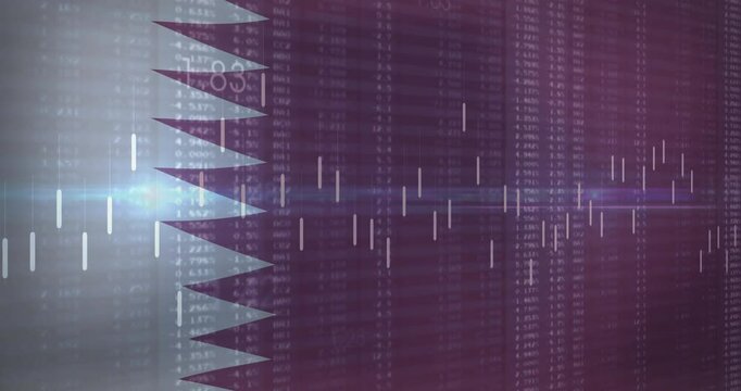 Blue lens flare sweeping over digital Qatar flag as chart bars oscillating to show market trends