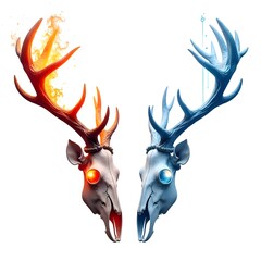 Horned deer skulls glowing with fire ice high resolution picture