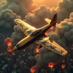 Decorative war aircraft flying city flames high resolution image