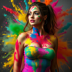 young woman with colourful vivid paint on her body