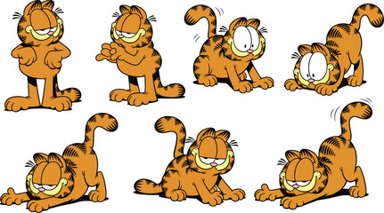 Cartoon lazy orange cat character in multiple cute funny poses, Garfield-style comic animal illustration, expressive feline clipart for animation