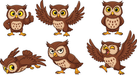 Cartoon owl character set with various emotions, flying, angry, happy, standing poses, isolated on white background, vector illustration