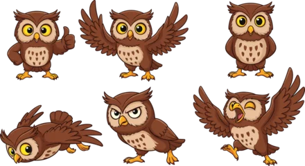 Fotobehang Uiltjes Cartoon owl character set with various emotions, flying, angry, happy, standing poses, isolated on white background, vector illustration  © Biplob Creatives