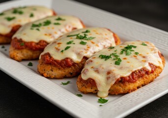 Delicious chicken parmesan topped with melted mozzarella and marinara sauce