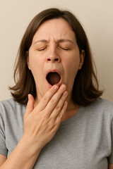 young woman covering her mouth during yawning.