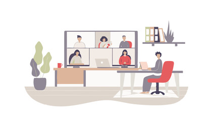 A person attends a virtual meeting from home with a plant and a bookshelf in the background online call