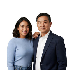 A smiling young woman rests her hand on an older man's shoulder for a warm, professional portrait