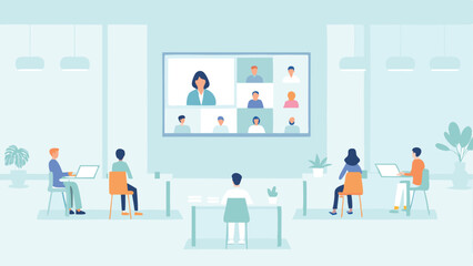 Illustration of people in a video conference meeting in a modern office space with desks and computers