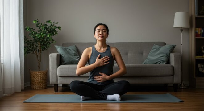 Young Asian woman practicing yoga and meditating at home