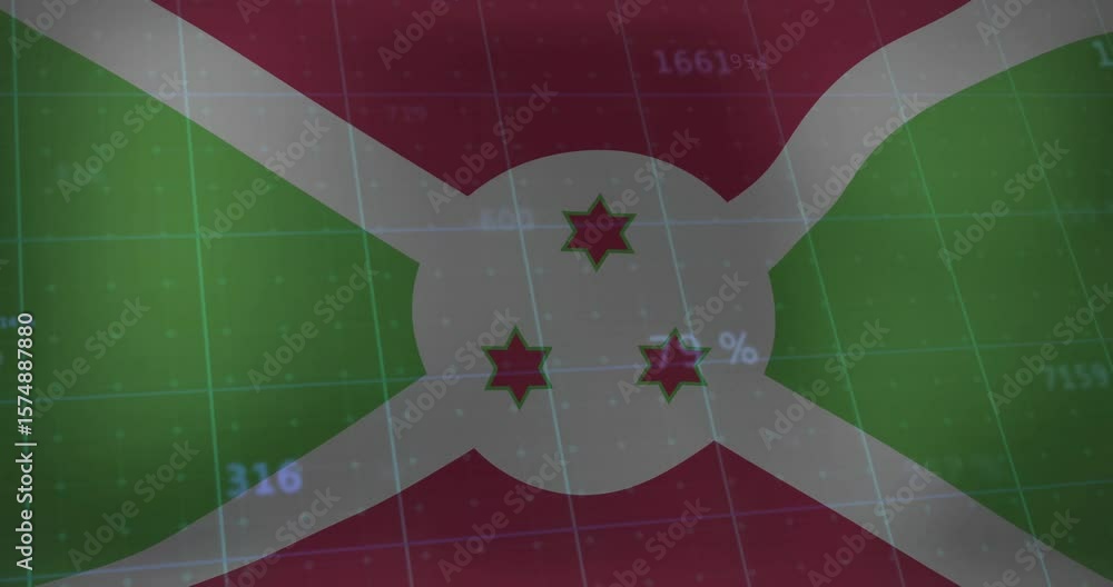 Poster every second numeric overlays updating and fading on burundi flag graphic representing live data