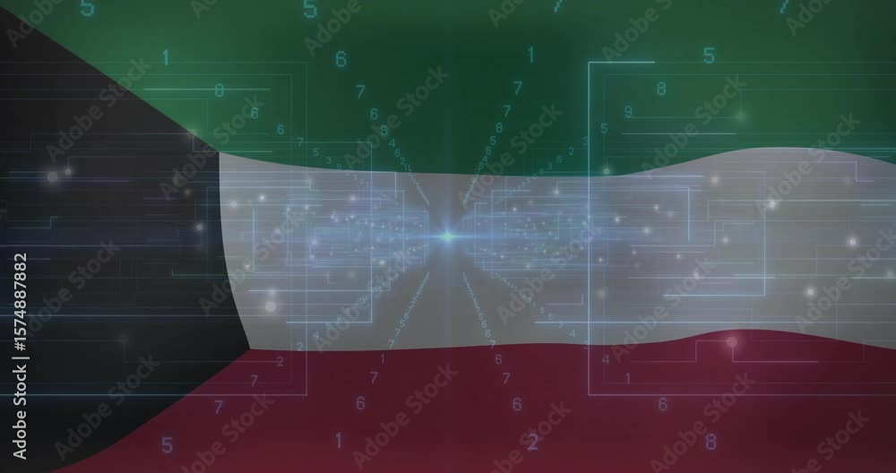 Poster bright blue glow emerging in flag center initiating radiating digits and waving for network demo