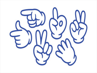 Obraz premium Collection of cartoon hands showing different gestures and signs with blue outlines