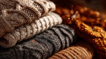 Close-up of cozy knitted garments in a warm autumn-themed setting