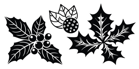 Elegant Black and White Holly Berry and Leaf Illustrations Perfect for Festive Designs, Holiday Cards, and Winter-Themed Projects