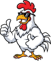 Cool cartoon rooster wearing sunglasses, funny farm chicken mascot, confident poultry character, thumbs up pose, isolated white background, vector illustration © Biplob Creatives