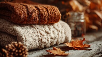 Close-up of cozy knitted garments in a warm autumn-themed setting